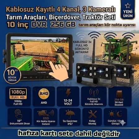 10 İNÇ DVR DOKUNMATİK 3 ADET KABLOSUZ KAMERA AHD 1080P  MONİTÖR BSD KÖR NOKTA SİSTEMLİ 12 24 V