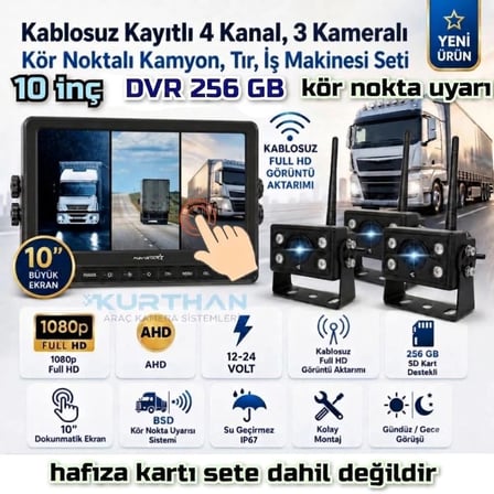 10 İNÇ DVR DOKUNMATİK 3 ADET KABLOSUZ KAMERA AHD 1080P  MONİTÖR BSD KÖR NOKTA SİSTEMLİ 12 24 V