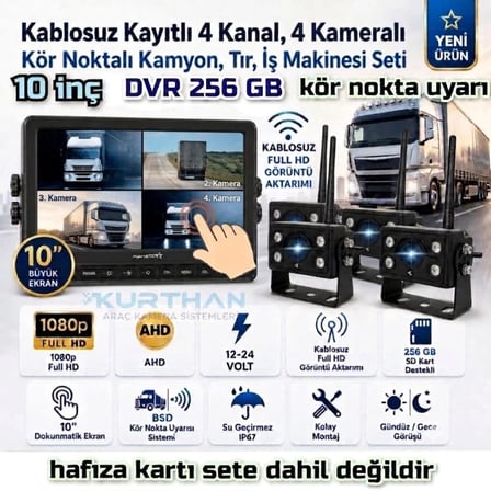 10 İNÇ DVR 4 KAMERALI KABLOSUZ DOKUNMATİK AHD 1080P BSD KÖR NOKTA UYARI 12 24 VOLT