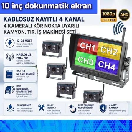 10 İNÇ DVR 4 KAMERALI KABLOSUZ DOKUNMATİK AHD 1080P BSD KÖR NOKTA UYARI 12 24 VOLT