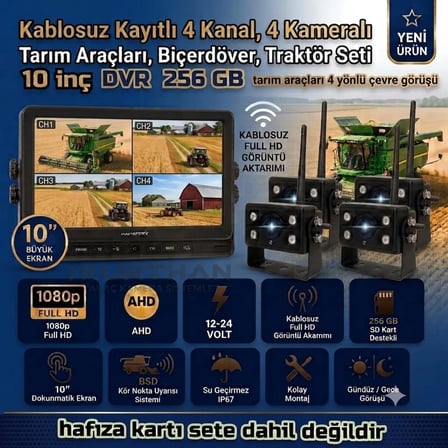 10 İNÇ DVR 4 KAMERALI KABLOSUZ DOKUNMATİK AHD 1080P BSD KÖR NOKTA UYARI 12 24 VOLT