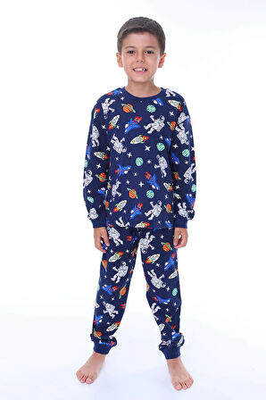 Astronot Temalı Pamuk Unisex Çocuk Pijama Takımı