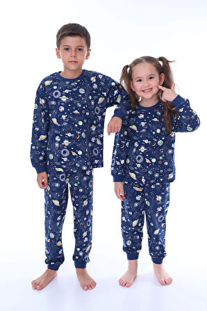 Astronot Temalı Pamuk Unisex Çocuk Pijama Takımı