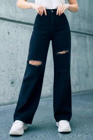 Bella Siyah Salaş Dizi Yırtık Rahat Kesim Palazzo Jeans Kot Pantolon