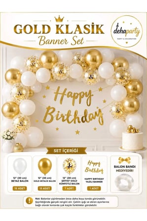 Dehaparty Gold Klasik Doğum Günü Parti Süsleme Seti - Happy Birthday Yazılı Banner, Gold, Beyaz ve Konfetili Balonlar, Balon Bandı Hediyeli