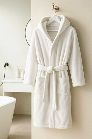 Beyaz Gramajlı Kapşonlu Garson Boy Çocuk Banyo Bornozu