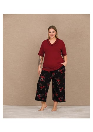Bordo Çiçekli Kapri Büyük Beden Pijama