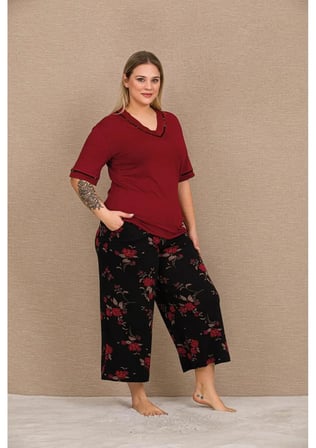 Bordo Çiçekli Kapri Büyük Beden Pijama