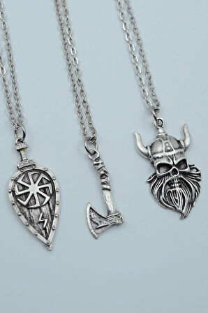 3'lü Viking Kalkan Viking Balta Viking Savaşçı Gümüş Kaplama Kolye Seti