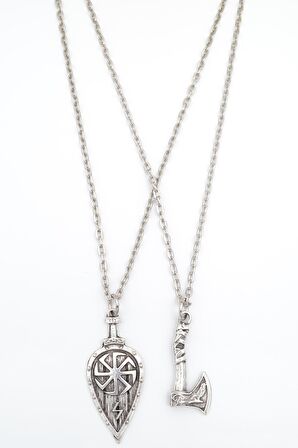 2'li Viking Balta - Viking Kalkan Erkek Kadın Kolye Seti 925 Ayar Gümüş Kaplama