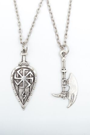 2'li Viking Kalkan - Antik Savaşçı Baltası Erkek Kadın Kolye Seti 925 Ayar Gümüş Kaplama