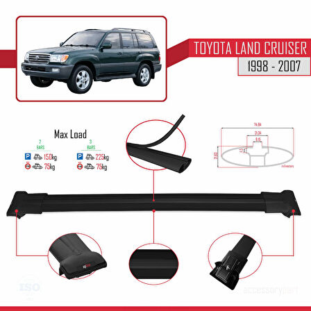 Toyota Land Cruiser 1998-2007 Arası ile Uyumlu FLY Model Ara Atkı Tavan Barı Siyah 2 Adet