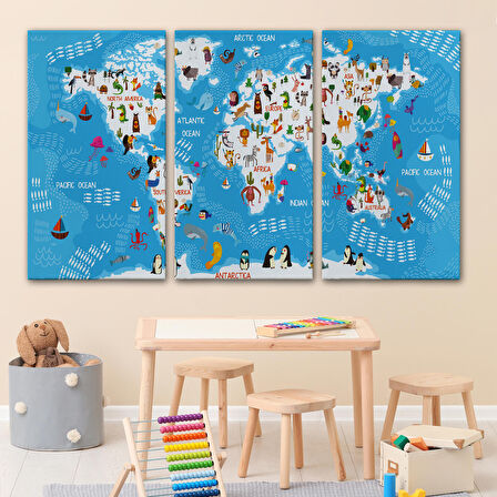 Harita Sepeti Çocuk Odası Hayvan Desenli Dekoratif Kanvas Tablo 1074