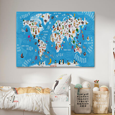 Harita Sepeti Çocuk Odası Hayvan Desenli Dekoratif Kanvas Tablo 1074