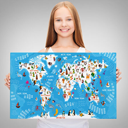 Harita Sepeti Çocuk Odası Hayvan Desenli Dekoratif Kanvas Tablo 1074