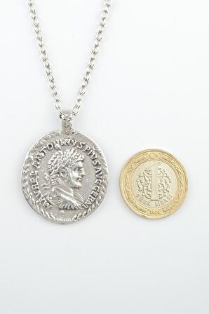 Antik Roma Sikkesi - Parası Erkek Kadın Kolye Antik Gümüş Kaplama - 60 cm Düz Zincir