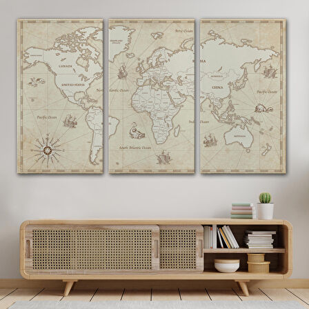 Harita Sepeti Eskitme Dünya Haritası Vintage Dekoratif Kanvas Tablo 1075