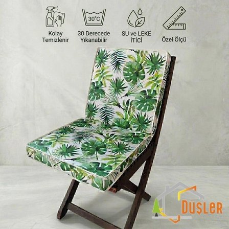 Düşler Ev Tekstili 40x80 Tropikal Palmiye Yeşil Yaprak Monstera Desenli Su ve Leke İtici Duck Kumaş Fermuarlı Bağcıklı Biyeli Sandalye Minderi 5 cm 
