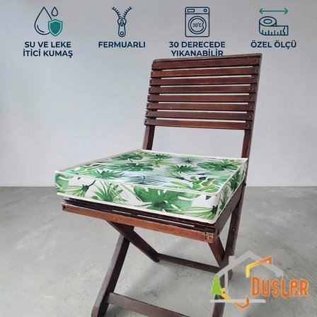 Düşler Ev Tekstili 40x40 Tropikal Palmiye Yeşil Yaprak Monstera Desenli Su ve Leke İtici Duck Kumaş Fermuarlı Bağcıklı Biyeli Sandalye Minderi 5 cm 