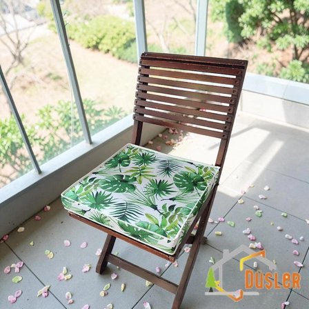 Düşler Ev Tekstili 40x40 Tropikal Palmiye Yeşil Yaprak Monstera Desenli Su ve Leke İtici Duck Kumaş Fermuarlı Bağcıklı Biyeli Sandalye Minderi 5 cm 