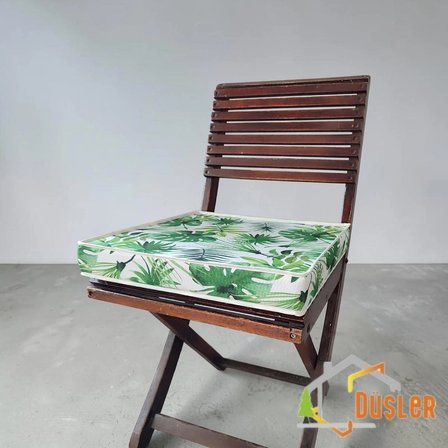 Düşler Ev Tekstili 40x40 Tropikal Palmiye Yeşil Yaprak Monstera Desenli Su ve Leke İtici Duck Kumaş Fermuarlı Bağcıklı Biyeli Sandalye Minderi 5 cm 