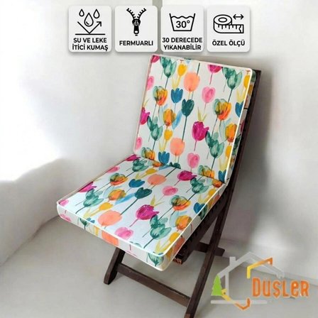 Düşler Ev Tekstili 40x80 Rengarenk Lale Desenli Su ve Leke İtici Duck Kumaş Fermuarlı Bağcıklı Biyeli Sandalye Minderi 5 cm 