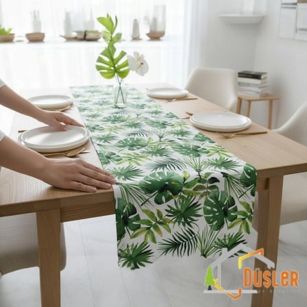 Düşler Ev Tekstili 40x120 Tropikal Palmiye Yeşil Çiçek Yaprak Monstera Desenli Su ve Leke İtici Duck Kumaş Yemek Masası Örtüsü Dikdörtgen Runner 