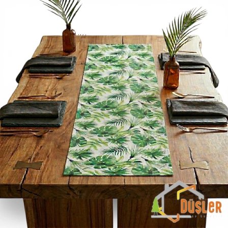 Düşler Ev Tekstili 40x120 Tropikal Palmiye Yeşil Çiçek Yaprak Monstera Desenli Su ve Leke İtici Duck Kumaş Yemek Masası Örtüsü Dikdörtgen Runner 