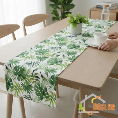 Düşler Ev Tekstili 50x180 Tropikal Palmiye Yeşil Çiçek Yaprak Monstera Desenli Su ve Leke İtici Duck Kumaş Yemek Masası Örtüsü Dikdörtgen Runner 