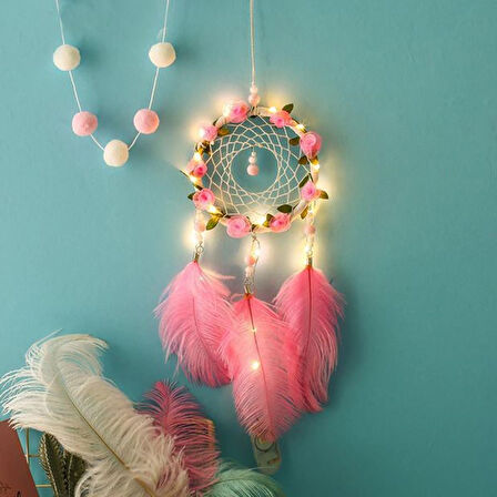 El Yapımı Kuş Tüyü ve Led Işıklı Dekoratif Asma Düş Rüya Kapanı (5224)