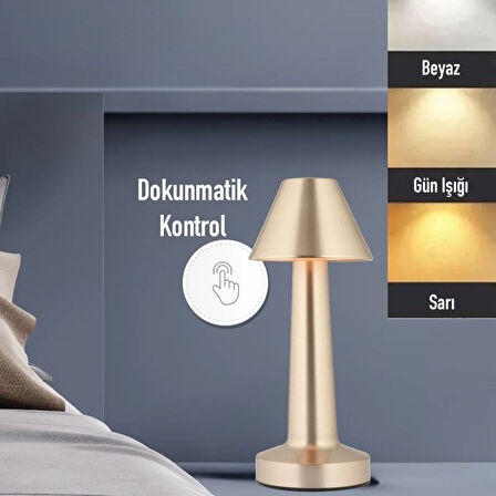 Çatı Model Gold Renk Şarjlı Dokunmatik 3 Renkli LED Masa Lambası (5224) AZ-522489AG94YT0094