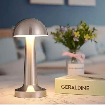 Mantar Model Silver Renk Şarjlı Dokunmatik 3 Renkli LED Masa Lambası (5224) AZ-522489AG91YT0091