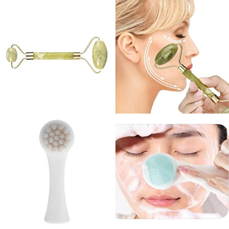 2&apos;li Set Çift Taraflı Cilt Temizleme Fırçası ve Yeşim Taşı Çift Taraflı Cilt Masaj Aleti (5224)