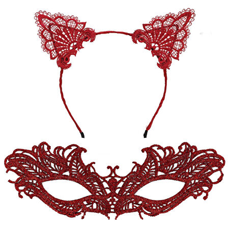 Şık Kırmızı Dantel Maske ve Taç Seti 5 No – Maskeli Balo &amp;amp;amp; Özel Etkinlikler (5224)