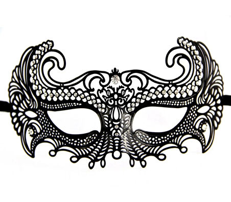 Siyah Renk Lazer Kesim Üzeri Kristal Taşlı Metal Balo Parti Venedik Maskesi (5224)