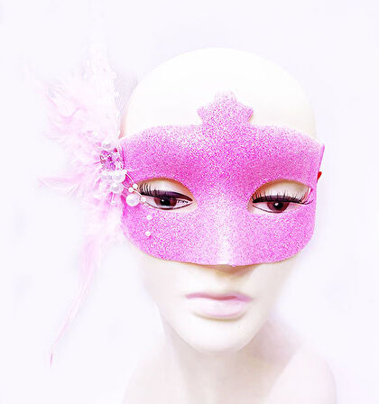 Sim İşlemeli İnci Boncuk Detaylı Tüylü Balo Maskesi Pembe Renk 13x18 cm (5224)