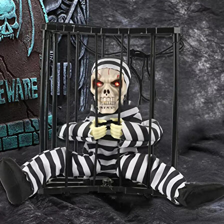 Hareketli Sesli Sensörlü Mahkum Görünümlü Kuru Kafa İskelet Dekorasyon 22x27 cm (5224)