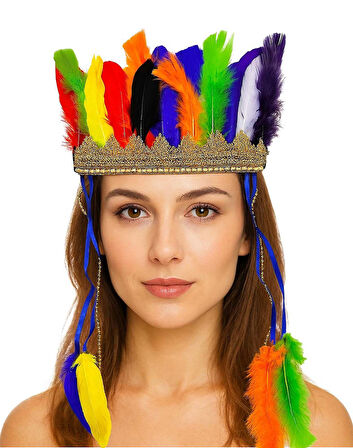 Rengarenk Tüylerle İşlenmiş Lastikli Kızılderili Başlığı (5224) AZ-522489Gosa4921