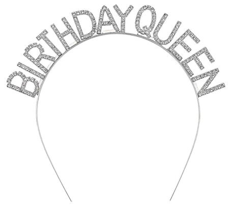 Gümüş Renk Kristal Taşlı Parlak Birthday Queen Yazılı Kraliçe Taç 16x17 cm (5224)