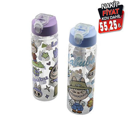LABUBU ÇOCUK ÇİZGİ FİLM KARAKTER RESİMLİ SU MATARASI ŞEFFAF PLASTİK PİPETLİ KİLİTLİ KAPAK (5224) AZ-5224Gok223511