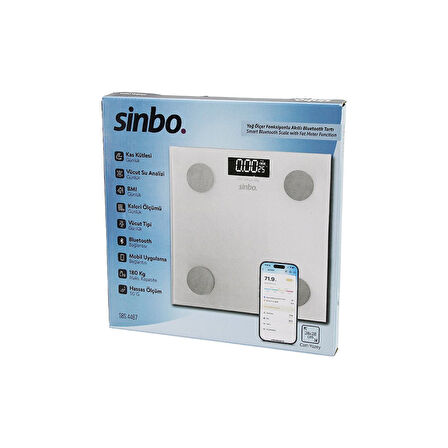 YAĞ ÖLÇERAKILLI BLUETOOTH CAM BASKÜL PİLLİ 180KG/50GR 28X28CM 8-KİŞİ HAFIZA LCD EKRAN GÖSTERGE SBS-4467 (5224)