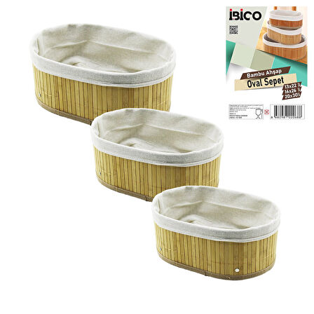 3 BOY  OVAL  BAMBU KENAR ORGANİZER SEPET AHŞAP ALTLIK - BEZLİ  13X22-16X26-20X30CM (5224)