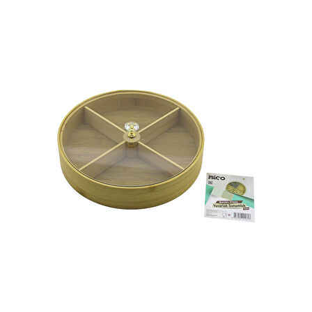 YUVARLAK 4 BÖLMELİ=2IN1=BÖLMESİZ ÇOK AMAÇLI KUTU AHŞAP BAMBU SERVİS SUNUM TEPSİ - TAHTASI 22CM (5224)