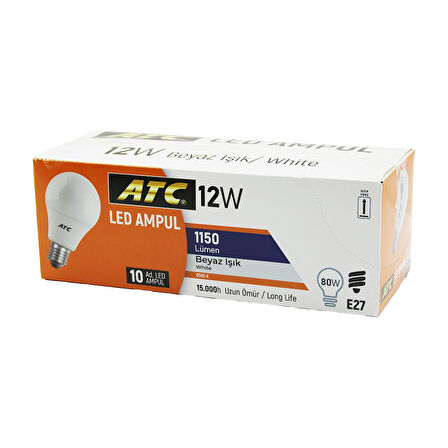 10 ADET ATC 12W=80W E27 BEYAZ=6500K LED AMPUL LAMBA 1150 LÜMEN 15.000 SAAT ÖMÜR (5224)