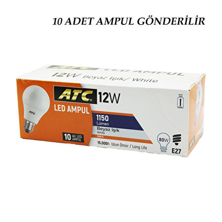 10 ADET ATC 12W=80W E27 BEYAZ=6500K LED AMPUL LAMBA 1150 LÜMEN 15.000 SAAT ÖMÜR (5224)