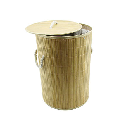 YUVARLAK BAMBU AHŞAP KİRLİ ÇAMAŞIR SEPETİ 35X60CM SEYYAR KAPAKLI İÇİ BEZLİ İP KULPLU (5224)