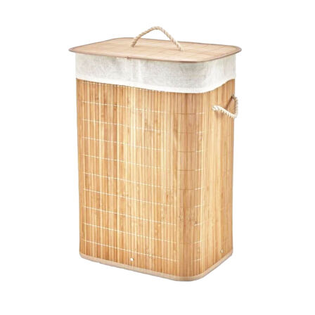 DİKDÖRTGEN BAMBU AHŞAP KİRLİ ÇAMAŞIR SEPETİ 40X30X60CM SEYYAR KAPAKLI İÇİ BEZLİ İP KULPLU (5224)