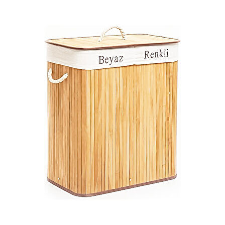 DİKDÖRTGEN İKİ BÖLMELİ İÇ BEZ BAMBU AHŞAP KİRLİ ÇAMAŞIR SEPETİ İP KULP 52X32X62CM (5224)