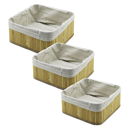 3 BOY KARE BAMBU KENAR ORGANİZER SEPET AHŞAP ALTLIK - BEZLİ 17X17-21X21-26X26CM (5224)