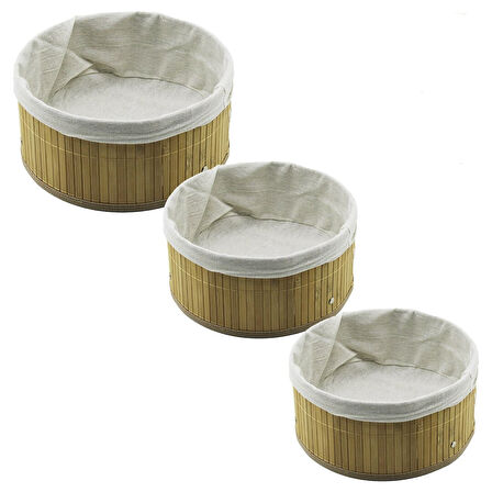 3 BOY YUVARLAK BAMBU KENAR ORGANİZER SEPET AHŞAP ALTLIK - BEZLİ 21X25X28CM (5224)